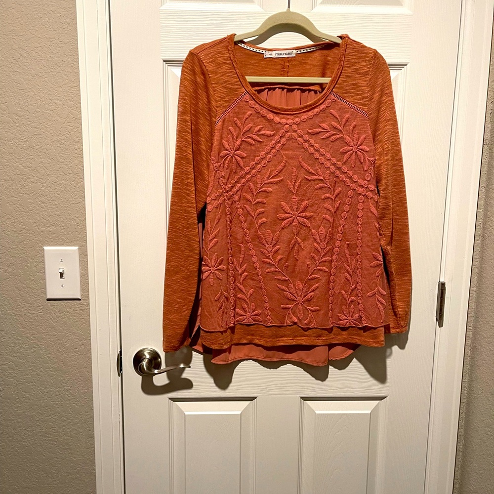 Maurice’s Orange long Sleeve Embroidered Blouse. Size 2